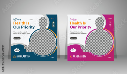 Medical healthcare service social media post template design. Hospital, doctor and health business marketing banner template