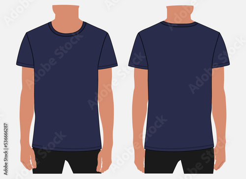 Short sleeve t shirt vector illustration Navy Color mock up template  For Men's and boys. Apparel Design Cad front and back views easy edit and customizable.