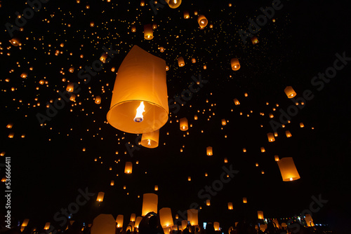 Tourist floating sky lanterns in Loy Krathong festival , Chiang Mai ,Thailand. © toa555