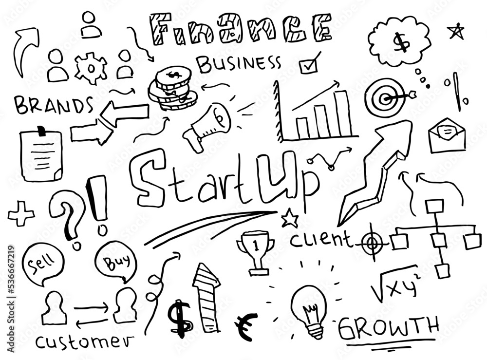 doodle art business start up hand drawn vector simple. with flowchart, statistic, percentage and element component business doodle art business start up hand drawn vector simple. with flowchart, statistic, percentage and element component business