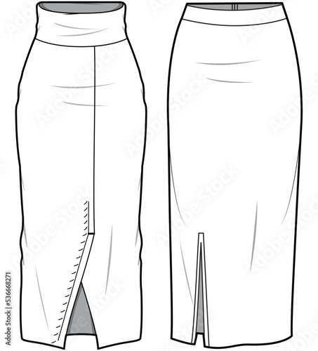 Front Slit Tight Skirt, Pencil Cut Skirt with Front Slit, Skirt Set  Fashion Illustration, Vector, CAD, Technical Drawing, Flat Drawing, Template, Mockup.	