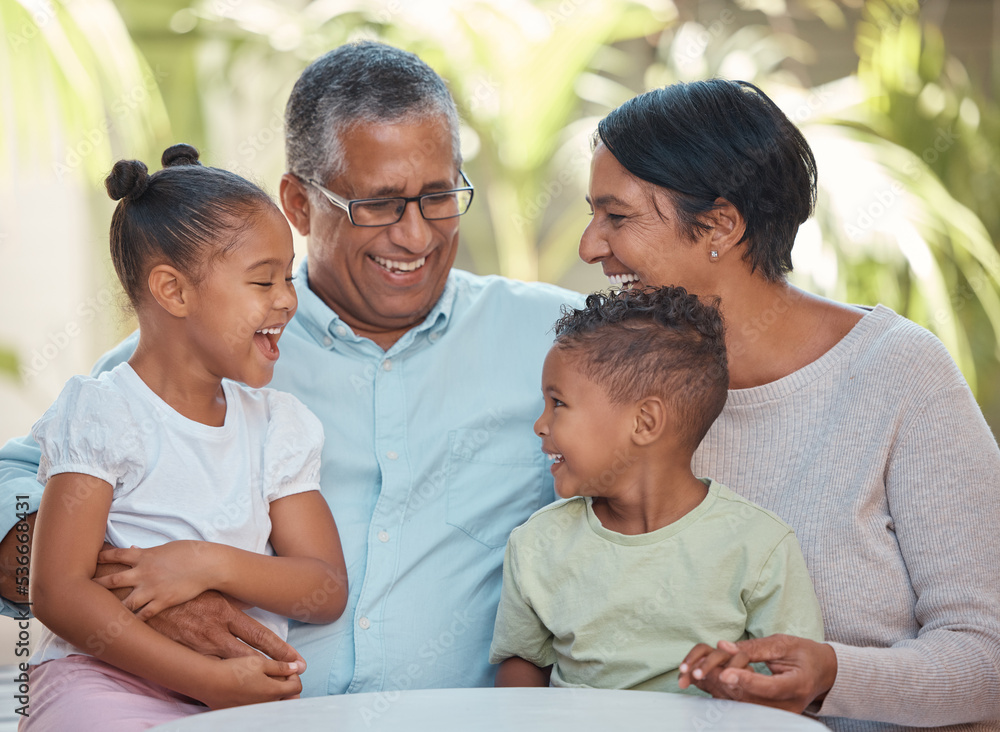 Love, family and happy grandparents with children siblings bonding together  on the weekend. Young retirement grandfather and grandmother relax with  excited kids in garden for joyful visit. foto de Stock | Adobe