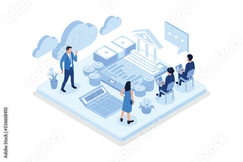 Coins, Banknotes, Financial Documents Lying Near Government Finance Department or Tax Office Column Building. Public Finance Audit Concept, isometric vector modern illustration photo