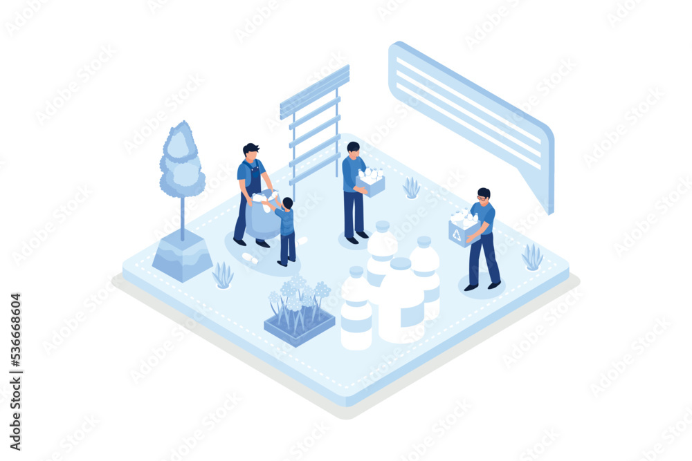 Character collecting plastic and other environmentally unfriendly trash. Woman throwing away the garbage. Plastic pollution problem concept, isometric vector modern illustration Character collecting plastic and other environmentally unfriendly trash. Woman throwing away the garbage. Plastic pollution problem concept, isometric vector modern illustration