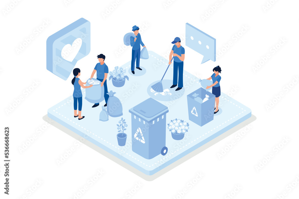 People characters collecting trash into recycling garbage bin. Woman and man taking out the garbage. Waste pollution problem concept, isometric vector modern illustration People characters collecting trash into recycling garbage bin. Woman and man taking out the garbage. Waste pollution problem concept, isometric vector modern illustration