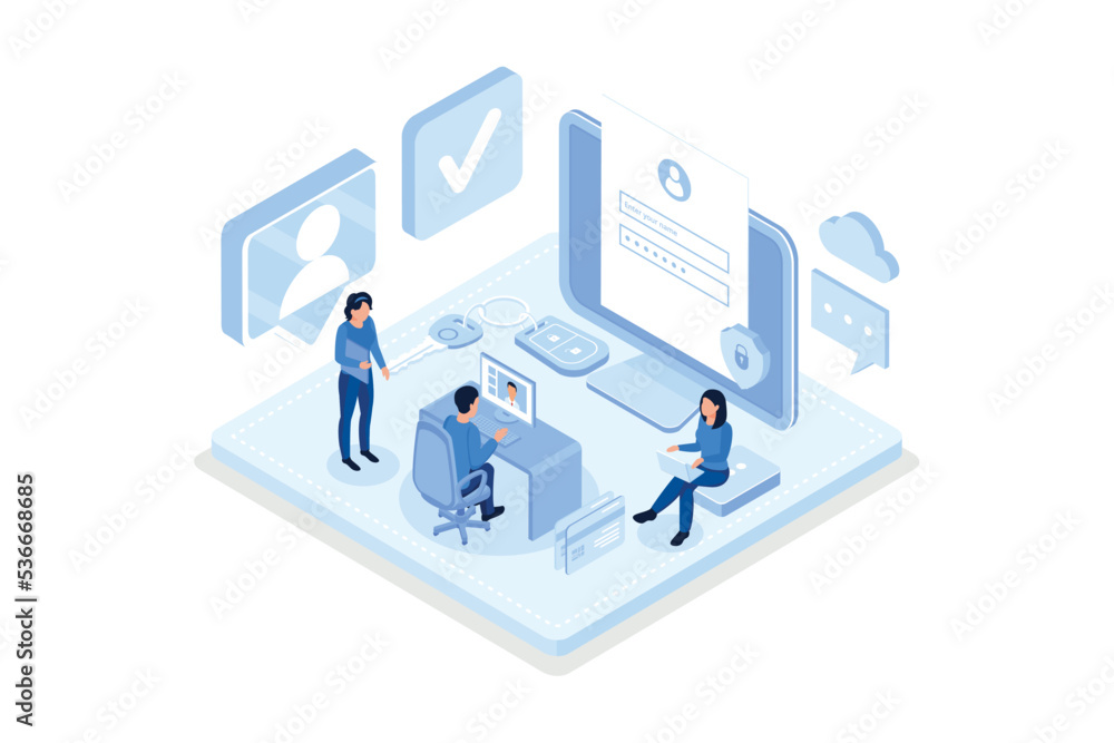 Character Hand holding Smartphone with Sms Authentication Key and typing Password on Laptop with Online Login Form on Screen. Secure User Authorization Concept, isometric vector modern illustration