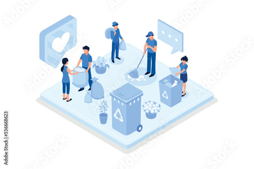 People characters collecting trash into recycling garbage bin. Woman and man taking out the garbage. Waste pollution problem concept, isometric vector modern illustration