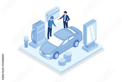 People character standing at gas station and fueling his car. Man paying by smartphone for gasoline and save money. Fuel economy concept, isometric vector modern illustration