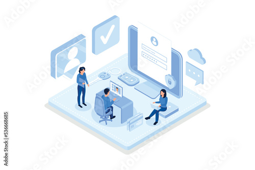 Character Hand holding Smartphone with Sms Authentication Key and typing Password on Laptop with Online Login Form on Screen. Secure User Authorization Concept, isometric vector modern illustration