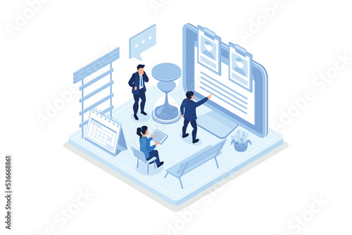 Characters looking at resume and choosing candidate for job. Hr managers searching new employee. Recruitment process. Human resource management and hiring concept, isometric vector modern illustration