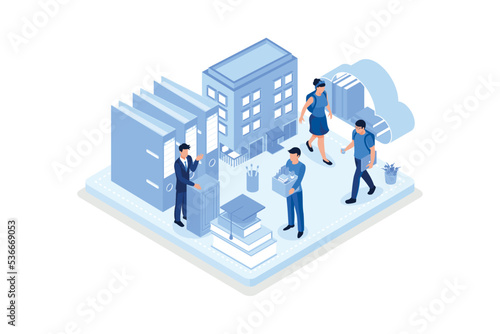 Students study online in university or college campus. Girls and boys learning together with smartphone and books. Distance education technology concept, isometric vector modern illustration