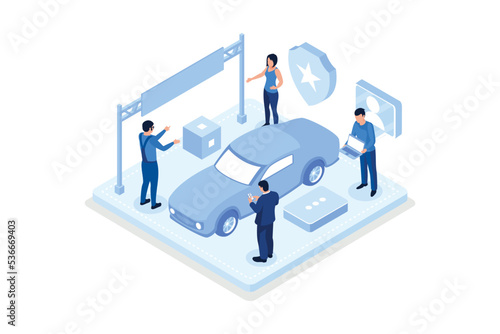 Man Character Standing near Damaged Auto and Calling to Car Insurance Service. Car Accident on the Road. Auto Collision Scene, isometric vector modern illustration