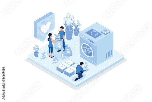 Wash machine with criminal cash money and clotheslines with drying banknotes. Financial crime prevention and money laundering concept, isometric vector modern illustration