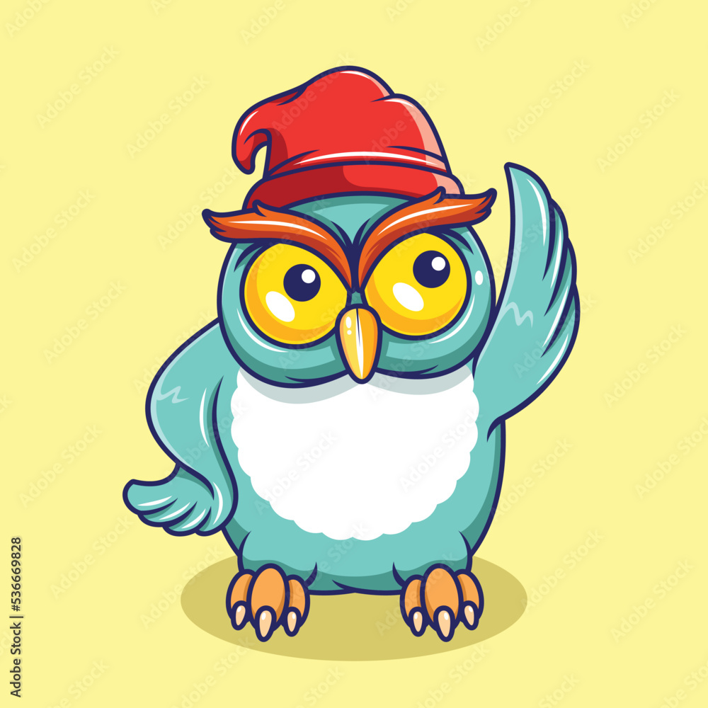 Cute owl wearing beanie hat waving wings cartoon illustration
