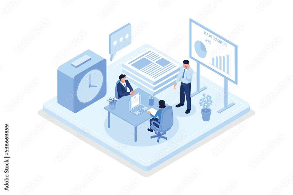 Financial Advisor Sitting at Office Desk and Talking with Client. Man Meeting Lawyer for Advice. Woman Business Consultant Analyzing Financial Report, isometric vector modern illustration