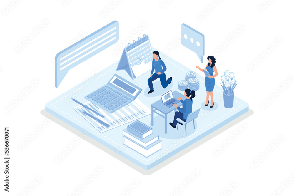 Financial Consultant sitting at Office Desk with Documents for Tax Calculation. Woman Preparing Financial Tax Report. Accountant at Work. Accounting Concept, isometric vector modern illustration Financial Consultant sitting at Office Desk with Documents for Tax Calculation. Woman Preparing Financial Tax Report. Accountant at Work. Accounting Concept, isometric vector modern illustration