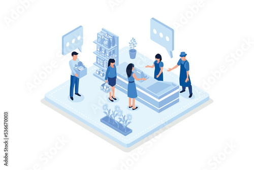 Retail Woman Cashier with Barcode Scanner Scanning Grocery at Supermarket. Man Customer Standing near Cashier Desk with Purchases in Retail Store. Shopping concept, isometric vector modern illustratio