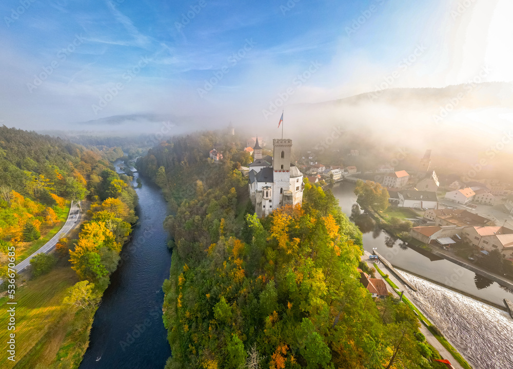 view of the city in the mist, autumn, Rožmberk nad Vltavou