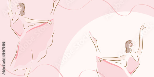 Ballerinas in pink ballet tutus and pointe on white background. Dancers in beautiful poses. Ballet. Concept banner design template.