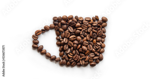 Fototapeta Naklejka Na Ścianę i Meble -  Stylized cup of coffee out of coffee beans, flat lay.