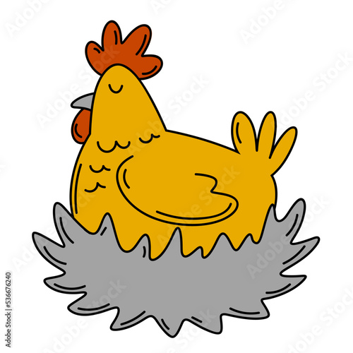 Hen is sitting in the nest. Old chicken. Doodle