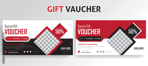 Vector set of luxury gift vouchers with ribbons and gift box. Elegant template for a festive gift card, coupon, Set of gift cards, or vouchers with line illustration of person hand holding a gift box
 photo
