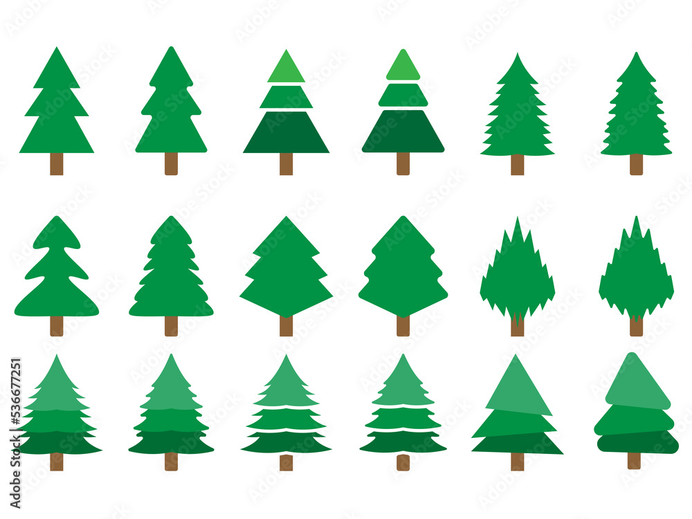 Christmas trees vector set. Collection of pine trees vector art illustration. Holiday Merry Christmas and New Year background. Modern flat design for greeting card, invitation, banner, web design. Christmas trees vector set. Collection of pine trees vector art illustration. Holiday Merry Christmas and New Year background. Modern flat design for greeting card, invitation, banner, web design.