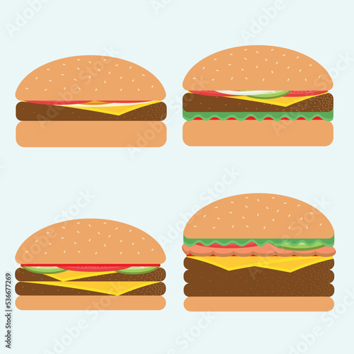 Four hamburgers set. From simple cheeseburger to double and triple cheeseburger with tomato and vegetable. Burger food vector illustration set front view. Can be used for fast food restaurant.