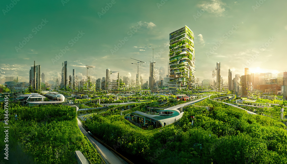 Spectacular eco-futuristic cityscape full with greenery, skyscrapers ...