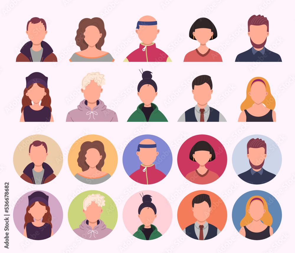 Set of people avatars vector illustration. Different human face icons. Male and female characters.
Set of people avatars vector illustration. Different human face icons. Male and female characters.
