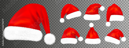 Set of red santa claus hats with fur isolated on transparent background. Vector illustration
