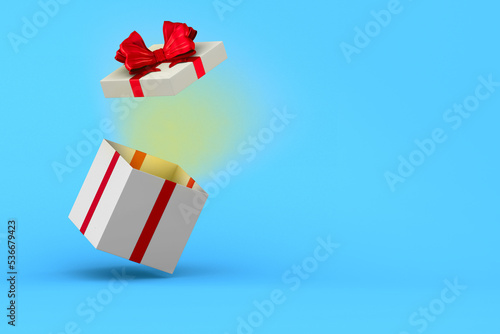 open white gift box with red bow on blue background. Isolated 3D illustration
