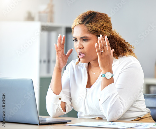 Confused business black woman with laptop error, 404 report or network fail in office. Digital website corporate worker or marketing manager with internet technology problem, mistake or work stress