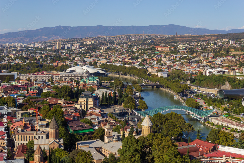 Tbilisi, Georgia - September 30 2022: Panorama of Tbilisi. View from above. Modern and historical buildings. City center.