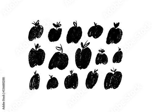 Hand drawn apple silhouettes collection. Pencil drawn apples illustrations. Abstract fruit isolated on white background. Vintage, retro and sketch style. Charcoal and pencil texture with rough edges.