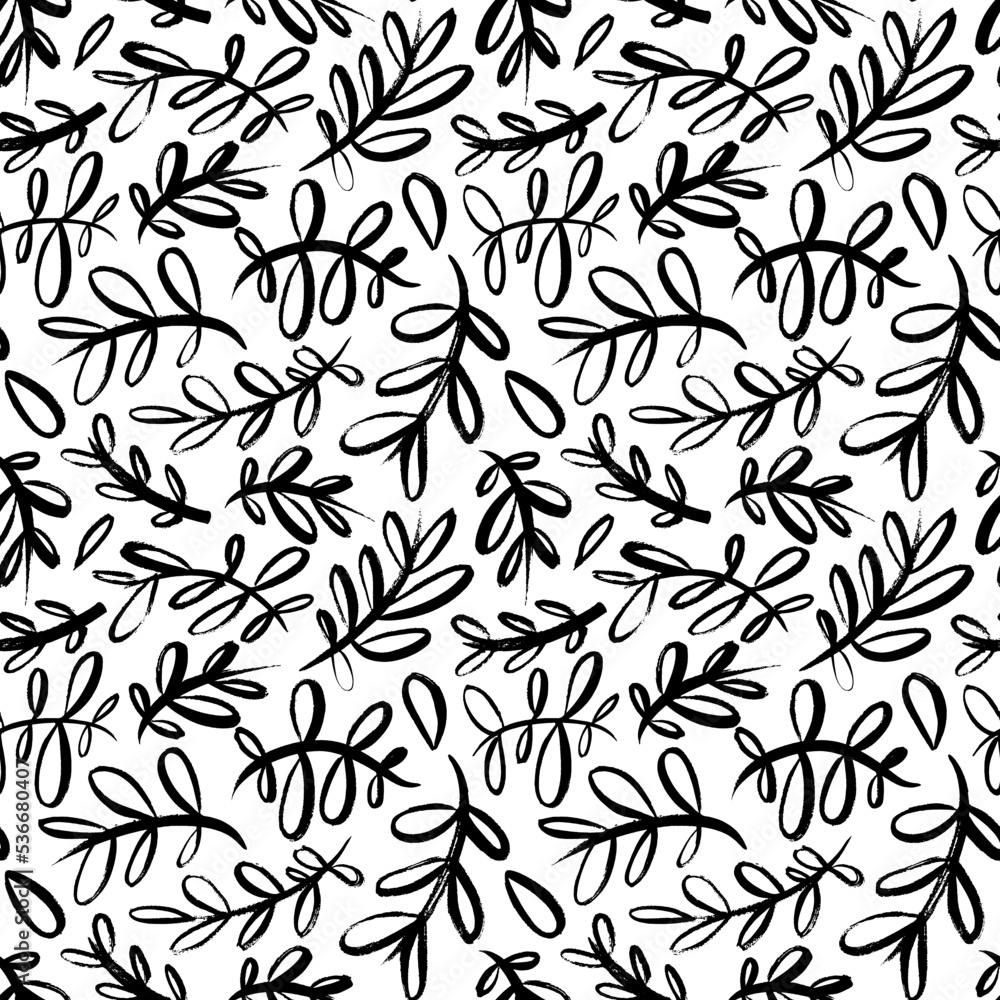 Eucalyptus branches with rounded leaves seamless pattern. Vector black brush drawn branches silhouettes. Black olive leaves and twigs. Natural organic ornament. Monochrome modern background. Eucalyptus branches with rounded leaves seamless pattern. Vector black brush drawn branches silhouettes. Black olive leaves and twigs. Natural organic ornament. Monochrome modern background.