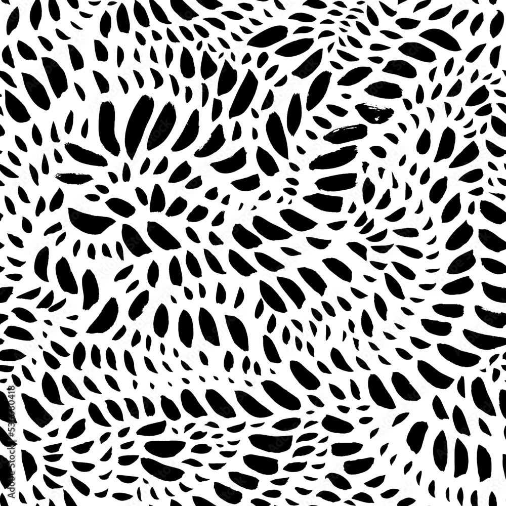 Sketchy hand-drawn blots seamless pattern. Black vector dots texture background. Blots in wave shapes. Organic maze lines pattern. Monochrome wavy ornament. Brush drawn black strokes, small points. Sketchy hand-drawn blots seamless pattern. Black vector dots texture background. Blots in wave shapes. Organic maze lines pattern. Monochrome wavy ornament. Brush drawn black strokes, small points.