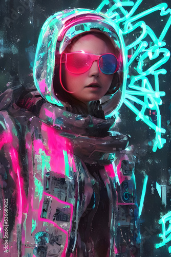 futuristic cyberpunk girl wearing helmet with visor, cyber city in background, digital art