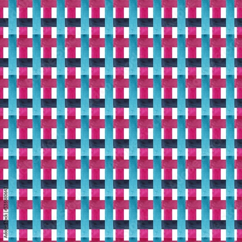 Checkered stripe linear watercolor seamless pattern. Blue, violet and white colors.