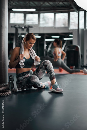 Pretty woman working out in a gym  making pause. Adult pretty sporty lady with beautiful shaped body.