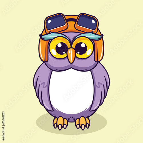 Cute owl wearing helmet with innocent face cartoon illustration