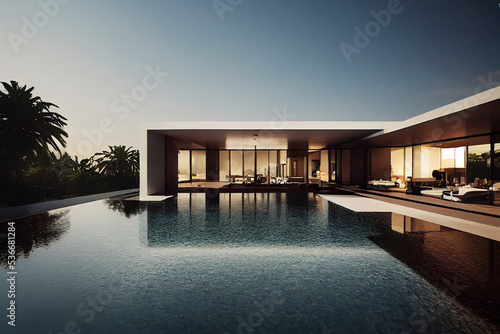 Ultra wide angle view of a modern villa and a luxurious infinity pool with a sunset reflection, residential architecture, photorealistic illustration © SvetlanaSF