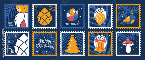 Bright Christmas stamp set. Cute angels, fir, cones, bird, mushroom, bell and handwritten lettering. Vector hand drawn collection