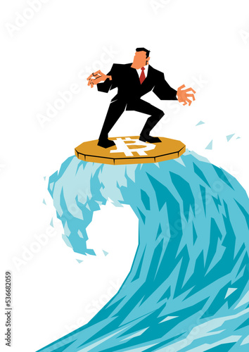 Businessman Surfing on Bitcoin on White