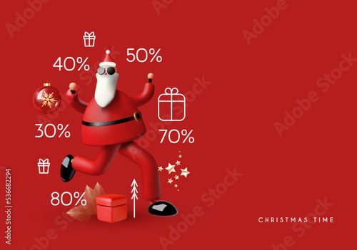Christmas sale illustration with Santa Claus character and prices.