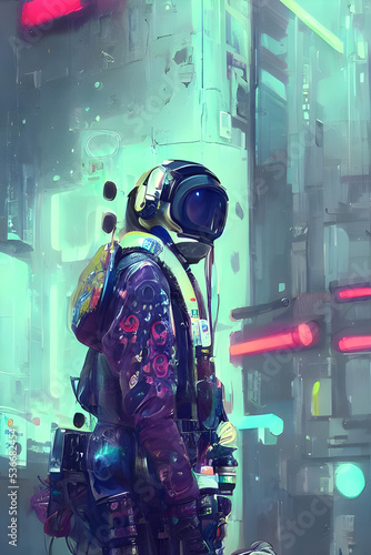 man with a cyberpunk helmet / mask in neon lights - concept art - city lights - digital art