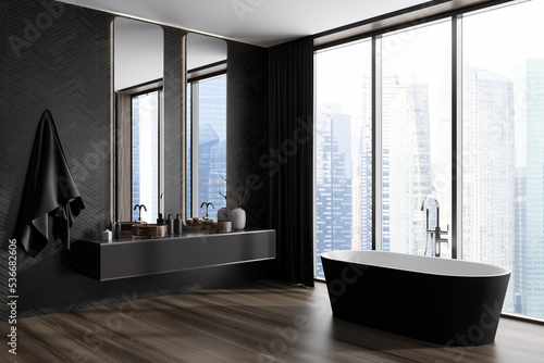 Grey bathroom interior with double sink and bathtub  panoramic window