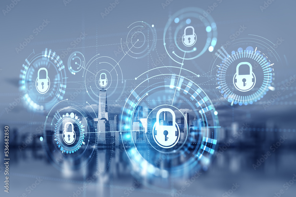 New York cityscape, cybersecurity hologram and business data protection New York cityscape, cybersecurity hologram and business data protection