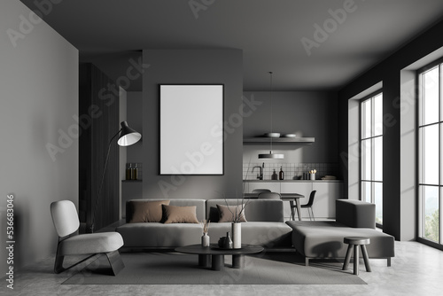 Grey studio interior with chill and dining area  panoramic window. Mockup frame