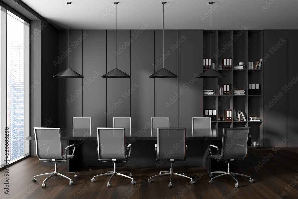 Fototapeta premium Grey office room interior with table and seats, panoramic window